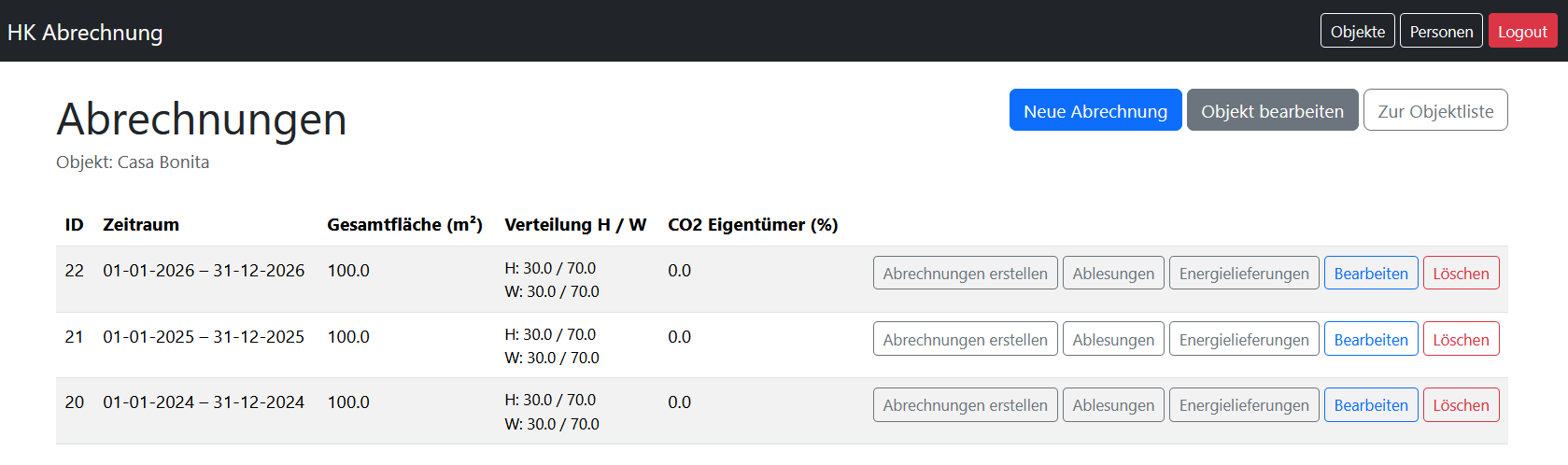 Heizkostenabrechnung – Abrechnungsliste pro Jahr
