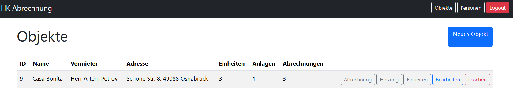 Heizkostenabrechnung Software – Objektliste